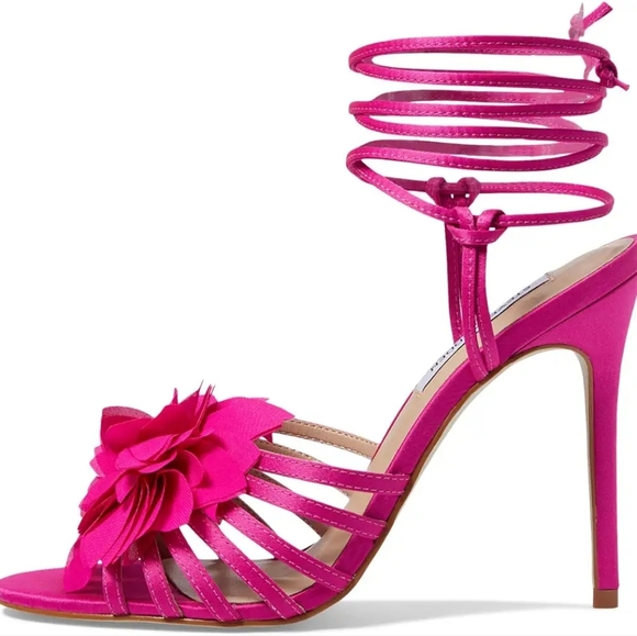 Steve Madden Jolisa Pink Sandals Satin Flower Ankle Wrap Stiletto New sz 8 - Picture 2 of 12